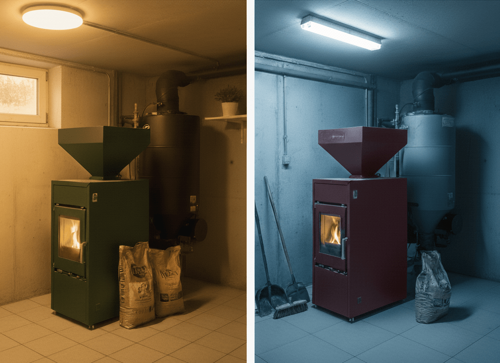 Pellets Heizung im Keller - gleiches Bild mit verschiedenen Farbwerten nebeneinander